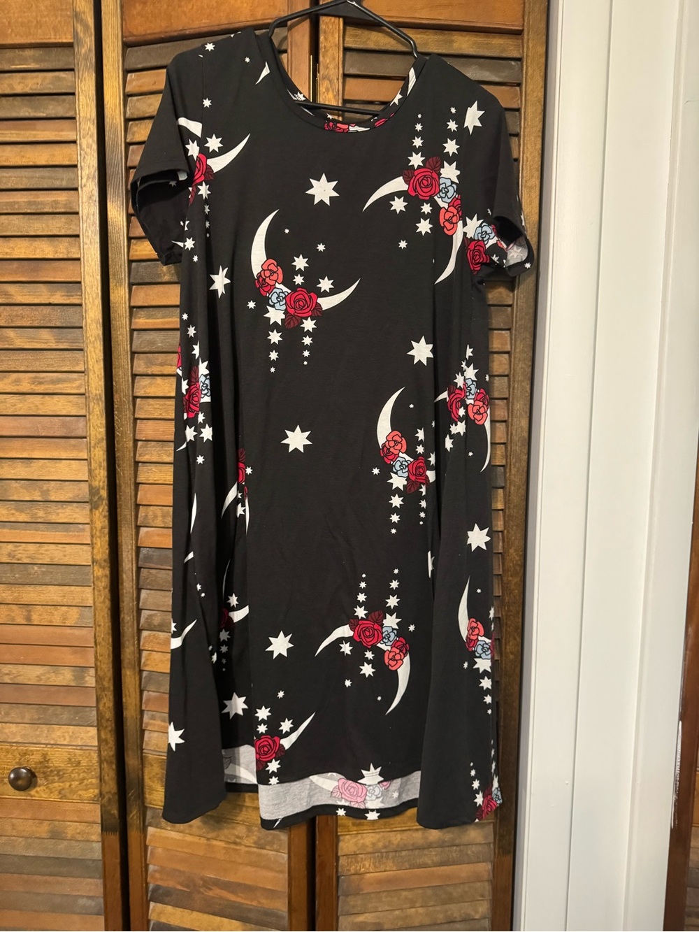 LuLaRoe Black Dress with White Stars and Red Accents